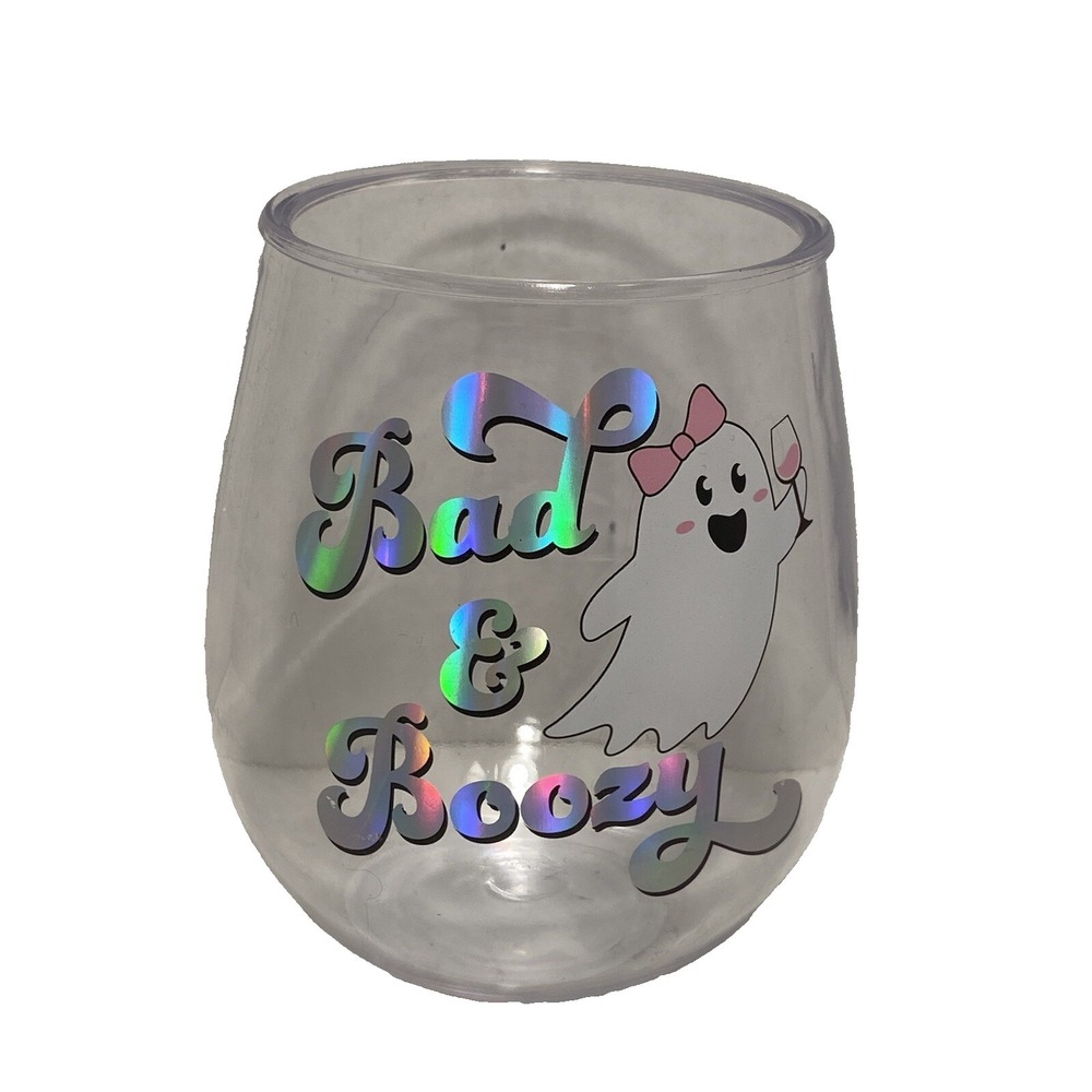 HALLOWEEN stemless plastic wine‎ glass BAD & BOOZY